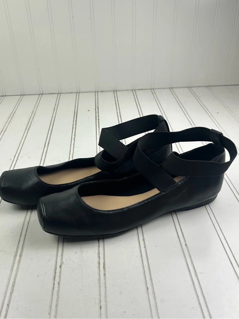 A.N.A Black Leather Crisscross Ankle Strap Slip On Ballet Flats Women’s Size 9M